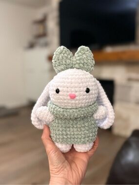 Plush Crochet Bunny Toy in Sage Green and White - Handmade Small Plush